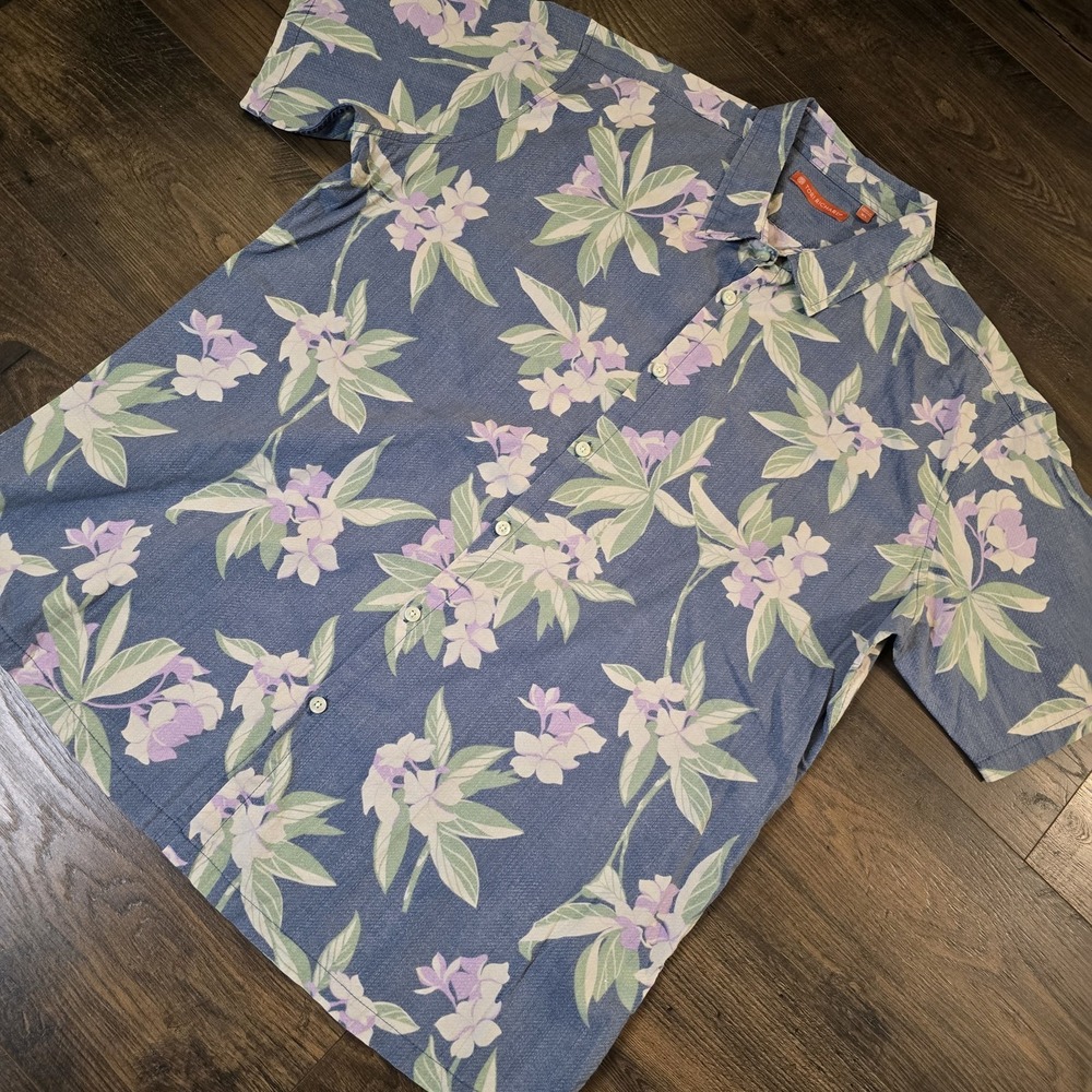 Tori Richard Shirt Mens XL Button Up Cotton Pucker Lawn Hawaiian Blue Floral‎
